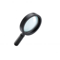 A black magnifying glass with a round lens, isolated on a white background, representing analysis, research, and investigation concepts.
