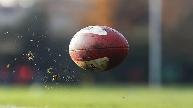 Close-up of a rugby ball spinning through the air during a pass