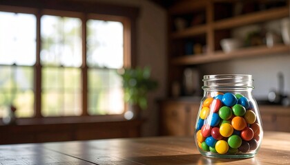 glass jars filled with colorful candies on table