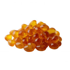 Fototapeta premium A collection of amber-colored gelatin capsules stacked together, showcasing their smooth surface and vivid hue against a white isolated background.