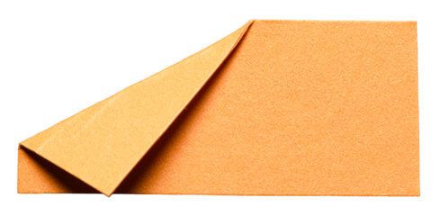 Orange isolated cut out blank paper note cardboard with folded corner dog-ear earmark and copy space for text, transparent png background design element