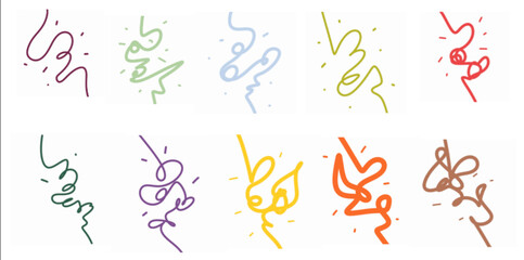 Set of vector scribbles of pen or pencil in various colors in vintage style. Greeting card decoration, event poster elements, background decoration or template.