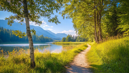 a peaceful summer landscape with a narrow dirt path leading into the distance, surrounded by lush green grass and tall trees, a calm blue lake reflecting the sky, sunlight filtering through the leaves