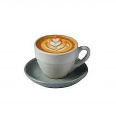 Fototapeta premium A delicious latte art in a white ceramic cup served on a pastel blue saucer, showcasing intricate heart designs in rich, creamy foam.