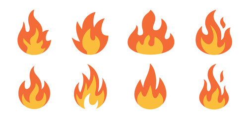 Eight simple flat fire flame icons set