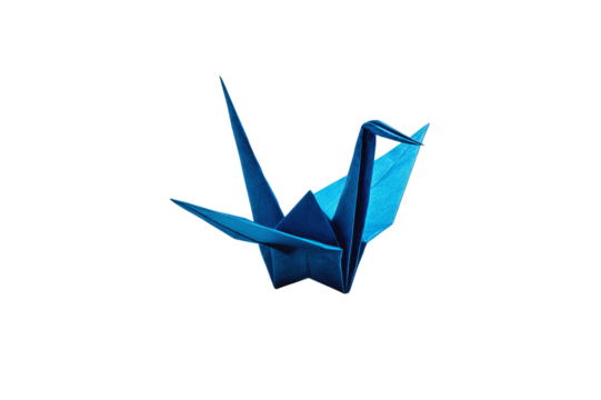 A single blue origami crane isolated on a transparent background This image features a meticulously folded paper crane
