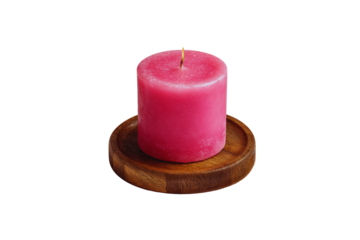 Pink pillar candle on a wooden coaster isolated on transparent background
