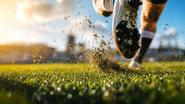Rugby boots kicking up turf as a player takes off running