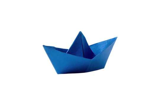 A single blue paper boat isolated on a transparent background This image features a folded paper craft