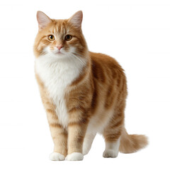 Obraz premium A majestic orange and white cat standing gracefully, showcasing its vibrant fur and expressive eyes, against a white isolated background.
