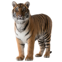 Obraz premium A majestic tiger standing proudly, showcasing its vibrant orange fur and bold black stripes, on a white isolated background.