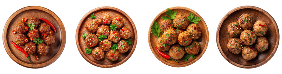 Delicious meatball on a wooden plate with herbs and chili pepper PNG set Transparent background