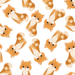 Obraz premium Seamless watercolor pattern featuring a cute ginger cat in various playful poses. Hand-painted style, perfect for textiles, kids' designs, and pet-themed projects.