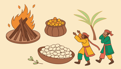Lohri festival essentials vector, depicting all key elements of this vibrant celebration.                 