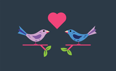 Two Loving Birds on a Tree Branch Flat Style. Animals and wildlife concept vector art