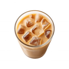 A refreshing glass of iced coffee served with ice cubes, perfect for a hot day. Enjoy this delicious beverage with a smooth and creamy finish.