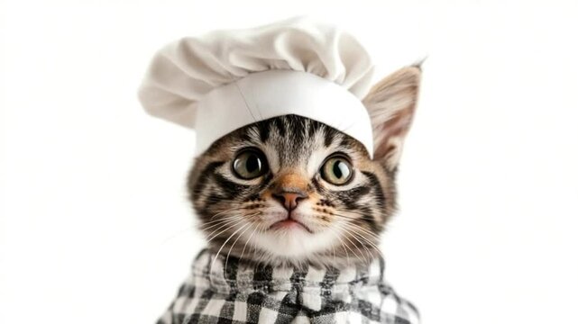 Adorable tabby kitten dressed as a chef with hat and gingham shirt poses cutely