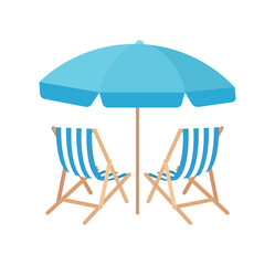 Relaxing beach setup with two wooden lounge chairs under a large blue umbrella. Ideal for travel, vacation, leisure, and tropical holiday concepts.