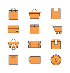 Set of line icons for shopping, mall and market concept in simple and minimalistic style. Card, shopping bag, shopping cart, box, cart, coupon, courier, shipping, label, money.