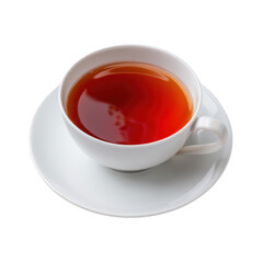 A steaming cup of black tea in a white ceramic cup on a matching saucer against a blank background.