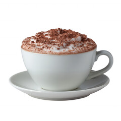 Fototapeta premium A steaming cup of cappuccino topped with frothy milk and cocoa powder, set on a white saucer, isolated on a white background.