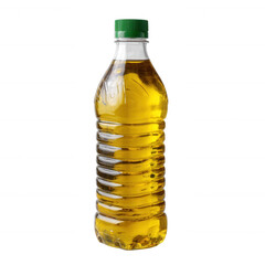 A transparent plastic bottle filled with golden cooking oil, featuring a green cap, on a white isolated background.