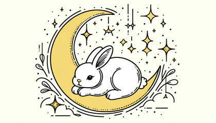 White rabbit lying on the yellow moon 