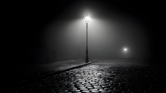 Fototapeta Street lamp in fog at night a dark and mysterious urban landscape photography