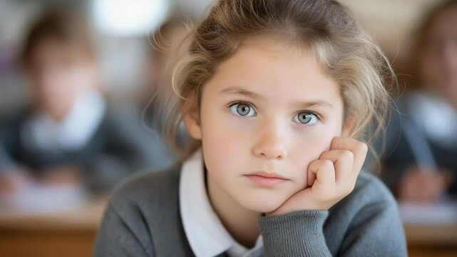 Bored school girl resting her head in a classroom setting