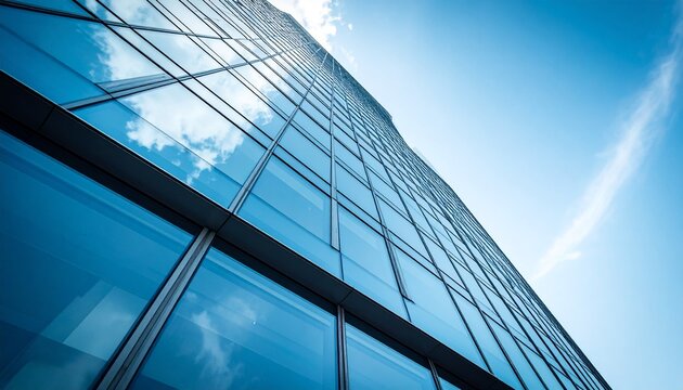 Modern high-rise office building with glass facade under clear sky. Clean architectural exterior, ideal for business or urban themes.