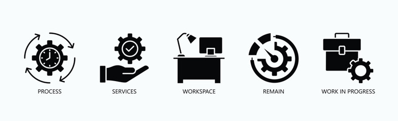 Key Stages Of Progress Icon Set Isolated Vector With Icon Of Process, Services, Workspace, Remain, Work In Progress In Glyph Style