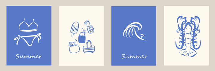 Set of modern abstract summer poster in sketch doodle style. Modern prints with hand drawn drink, bikini, lobster, fruit, wave. Vacation and beach concept. Trendy design for cards, wall art, branding.