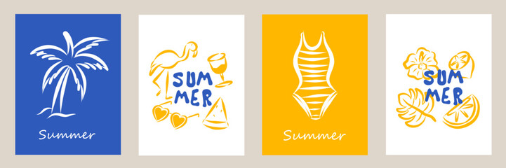 Set of modern abstract summer poster in sketch doodle style. Modern prints with hand drawn wine, bikini, lemon, palm tree. Vacation and beach concept. Trendy flat design for cards, wall art, branding.