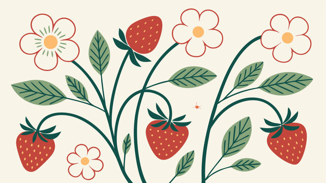 Hand drawn illustration of a strawberry plant with blossoms and berries in vector format