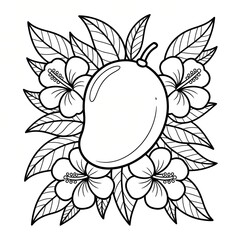 Mango surrounded by hibiscus flowers and leaves in black and white