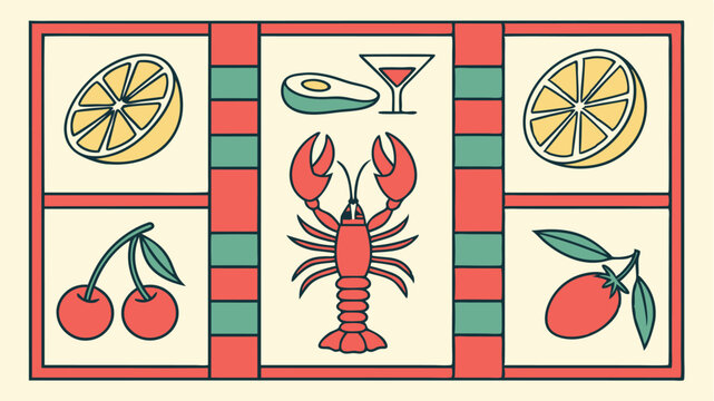 Hand drawn illustration of seafood and fruit arrangement in a unique decorative grid