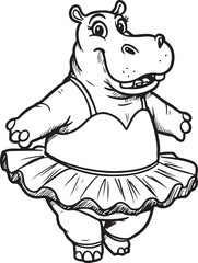 A black and white cartoon sketch of a hippo wearing a tutu, bold ink outlines only cartoon, sketch, black and white, black outline