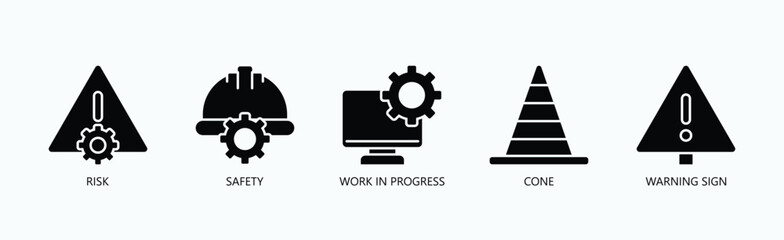 Signals Of Caution Icon Set Isolated Vector With Icon Of Risk, Safety, Work In Progress, Cone, Warning Sign In Glyph Style