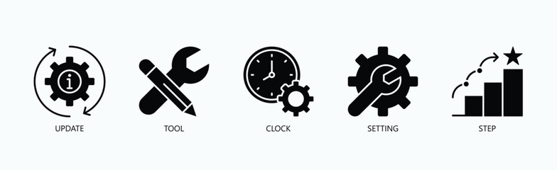 Essential Workflow Tools Icon Set Isolated Vector With Icon Of Update, Tool, Clock, Setting, Step In Glyph Style