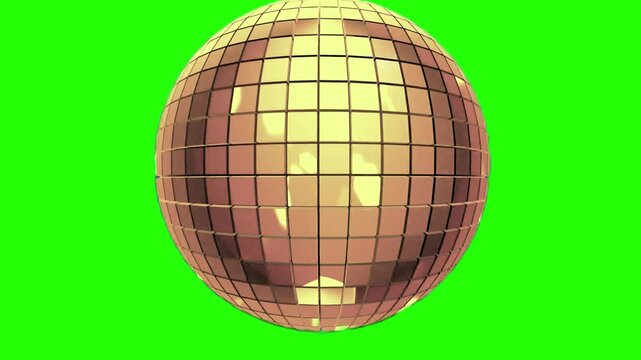 4K Video Disco Ball Brilliance a dazzling, golden disco ball, ready to inject life into a celebration, reflecting light and promising endless fun, all on a Green Background