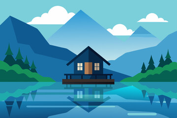 Serene Lakeside Cabin Retreat Mountain View Illustration