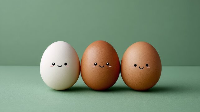 Three eggs with faces on them are sitting on a green surface - Powered by Adobe
