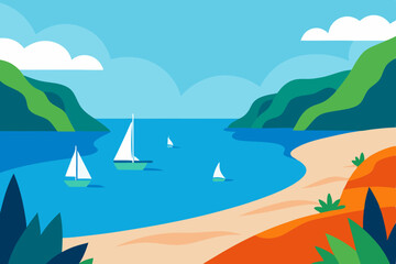 Obraz premium Serene Coastal Vista Sailboats and Sandy Beaches in a Summer Paradise