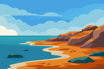 Serene Coastal Landscape Sandy Beach, Rocky Cliffs, and Azure Ocean