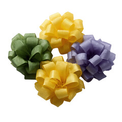 Colorful decorative gift bows in yellow, green, and purple, adding a festive touch to any present. Perfect for celebrations and special occasions.