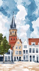 Obraz premium Historic european town square with bell tower and charming architecture under cloudy sky