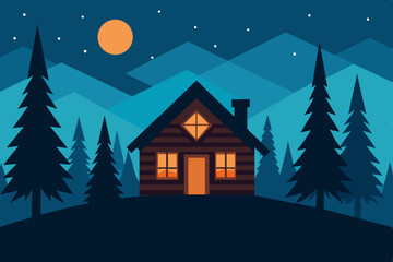 Cozy Christmas house in a snowy winter forest landscape, perfect for holiday season illustrations or cards