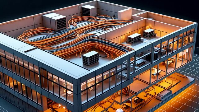 Isometric Office Floor with Exposed HVAC Ducts and Lighting Systems Rendered in Cross-Sectional Style