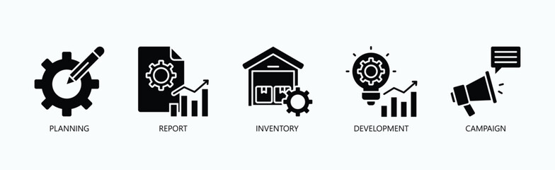 Strategic Milestones Icon Set Isolated Vector With Icon Of Planning, Report, Inventory, Development, Campaign In Glyph Style