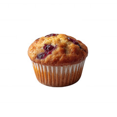 Delicious muffin with a golden crust and bits of fruit, placed on a white isolated background, perfect for bakery or dessert promotions.